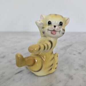 Vintage Yellow & Black Tabby Cat Kitten Ceramic Figurine